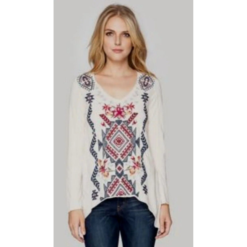 JWLA Johnny Was Ivory Delta Embroidered Long Sleeve Tee Shirt Trapeze Hem Small